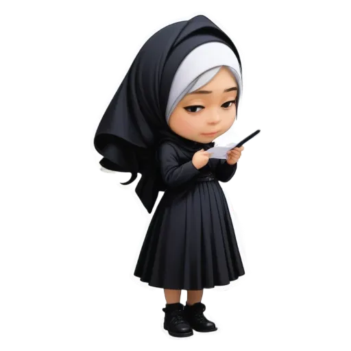 A girl reading a piece of paper is wearing a head scarf.