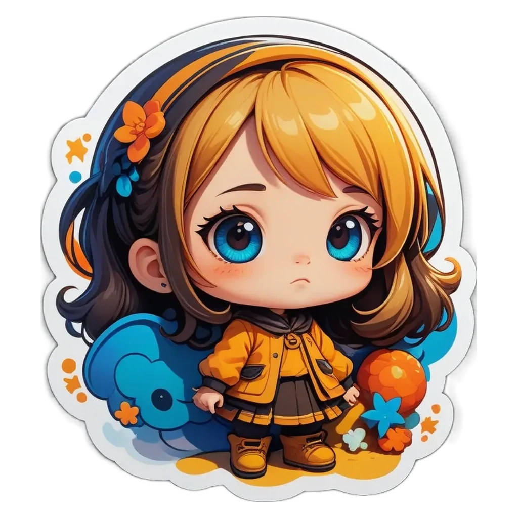 A girl with a sad face sticker is standing in front of a blue and white sky background.