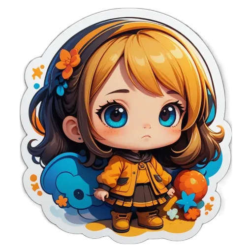 A girl with a sad face sticker is standing in front of a blue and white sky background.