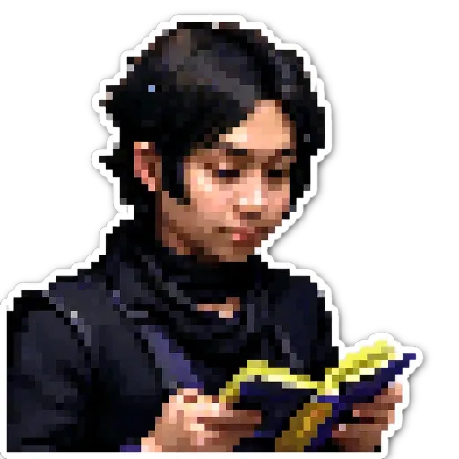 A boy reading a book with a black and yellow shirt.