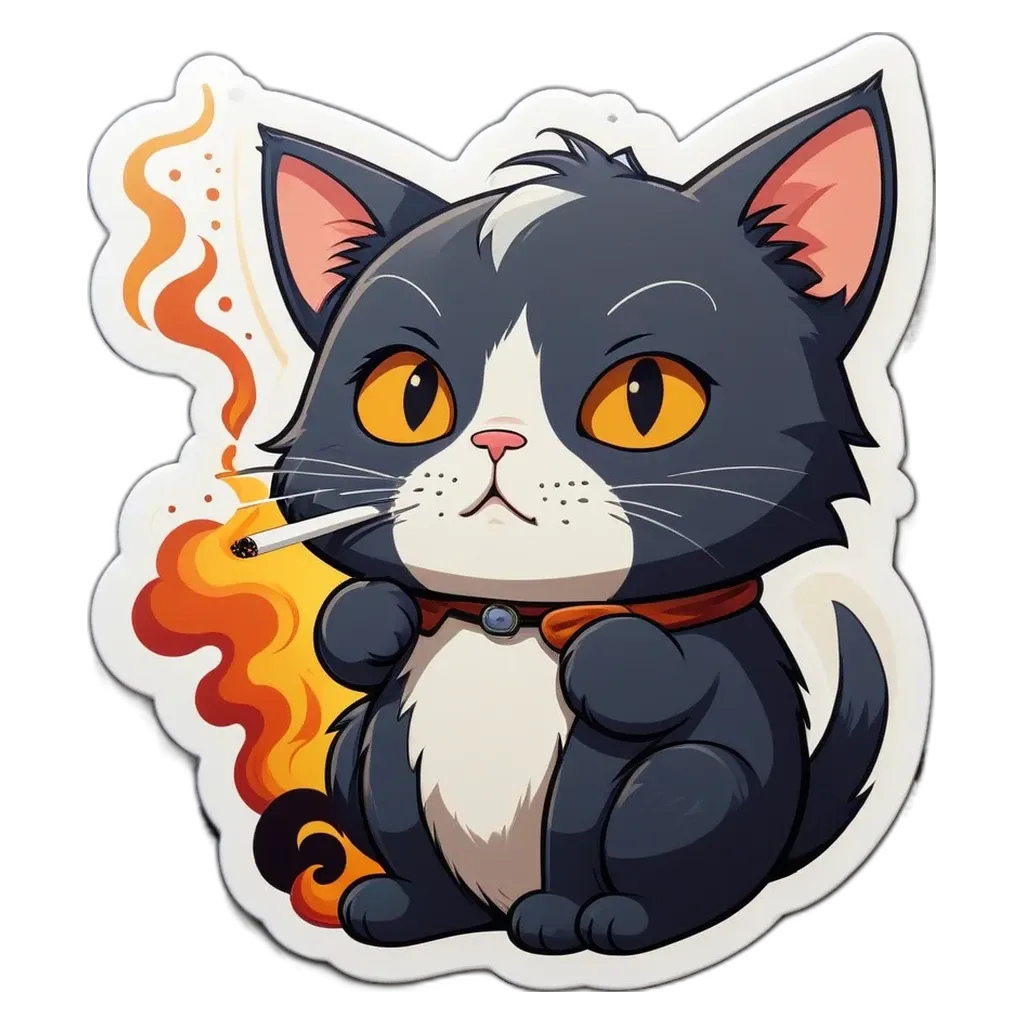 A black and white cat with a cigarette in its mouth.