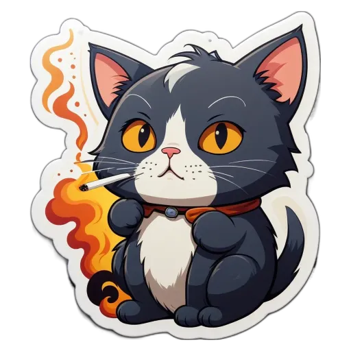 A black and white cat with a cigarette in its mouth.