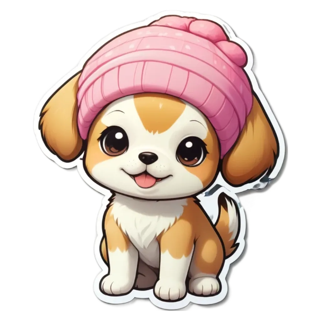 A puppy dog with a pink hat sitting on a black background.