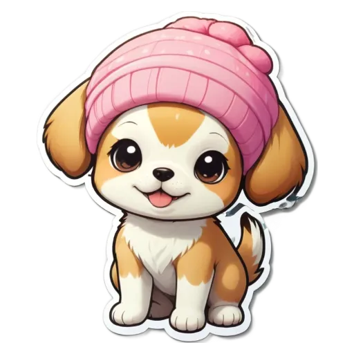 A puppy dog with a pink hat sitting on a black background.