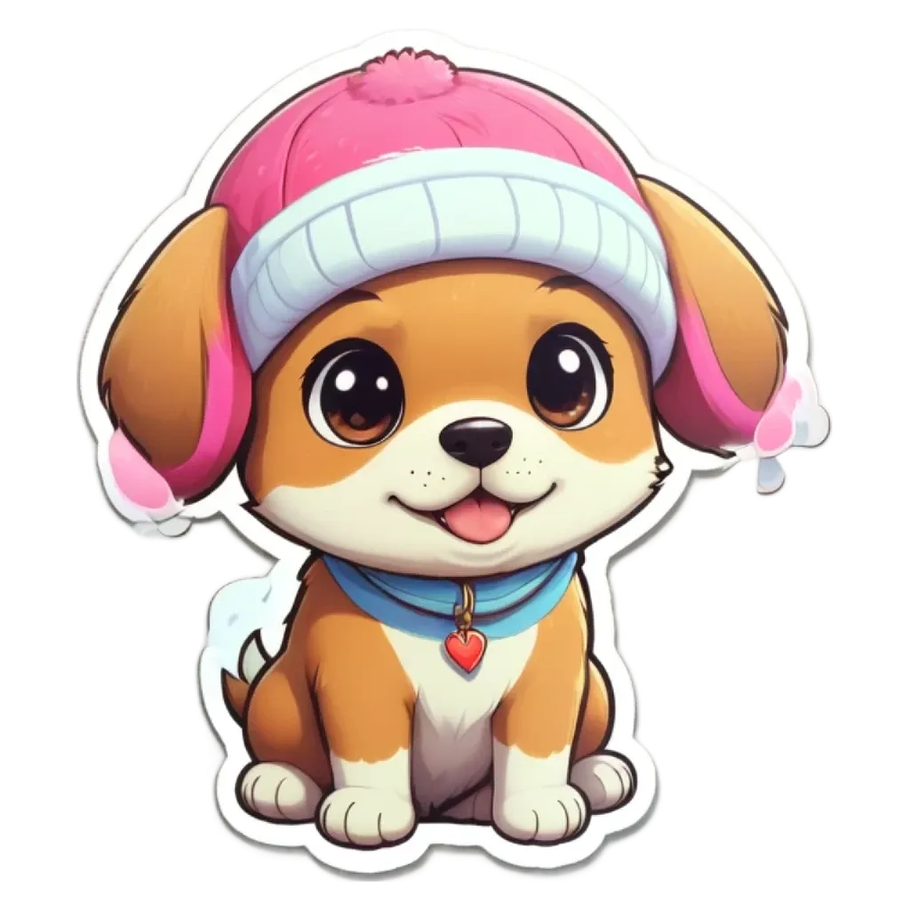 A dog wearing a pink hat is sitting on a black and white background.