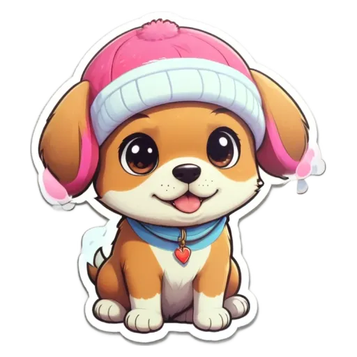 A dog wearing a pink hat is sitting on a black and white background.