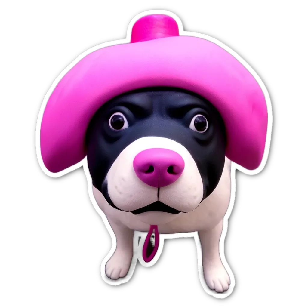 A dog wearing a pink hat is looking at the camera.