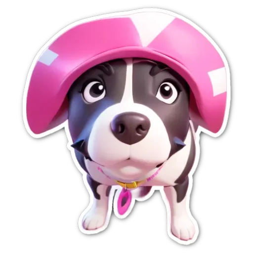 A dog wearing a pink helmet sticker is looking at the camera.