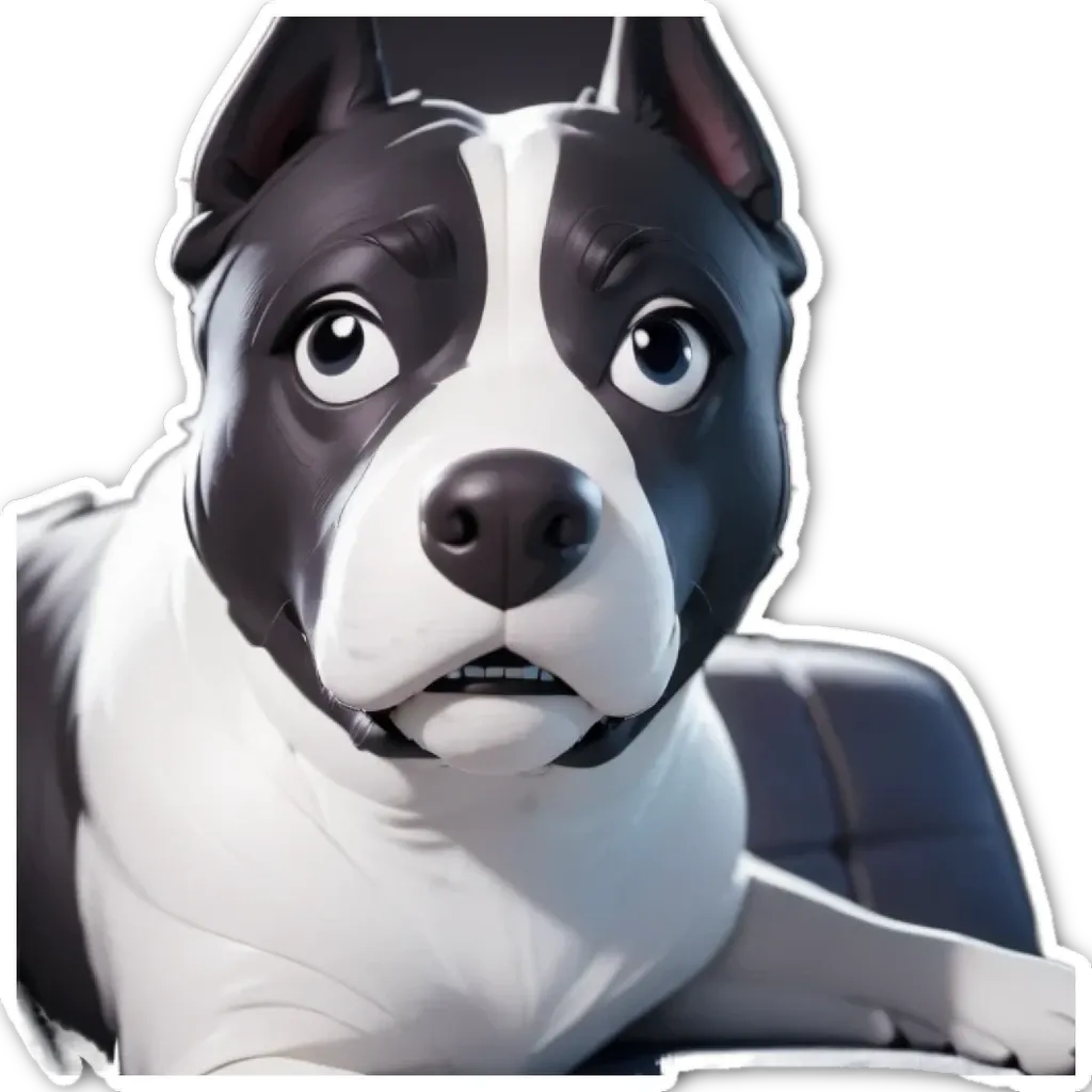 A black and white dog looks at the camera with a sticker in its mouth.