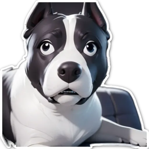 A black and white dog looks at the camera with a sticker in its mouth.