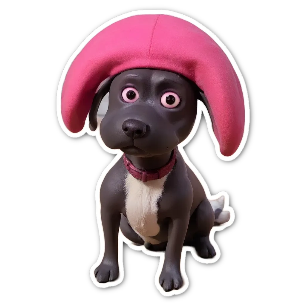 A black and white dog with a pink hat that is sad.