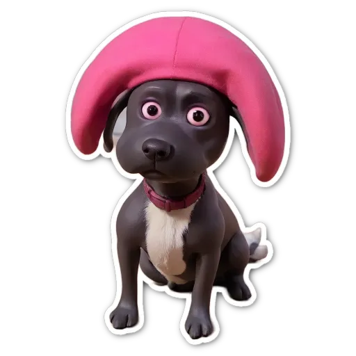 A black and white dog with a pink hat that is sad.