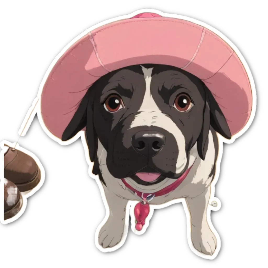A dog wearing a pink hat is looking at the camera.