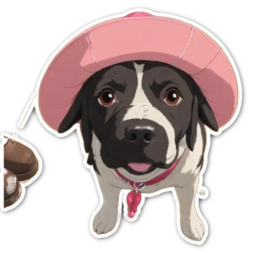 A dog wearing a pink hat is looking at the camera.