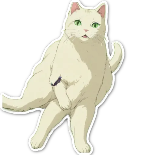A cartoon white cat holding a pencil in its paws.