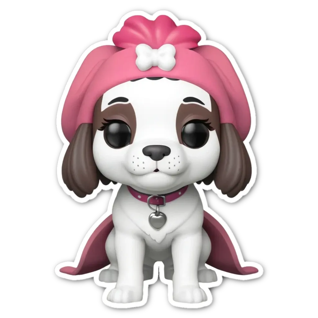 A dog with a bow and hat is standing on a black background.