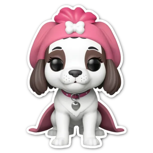 A dog with a bow and hat is standing on a black background.