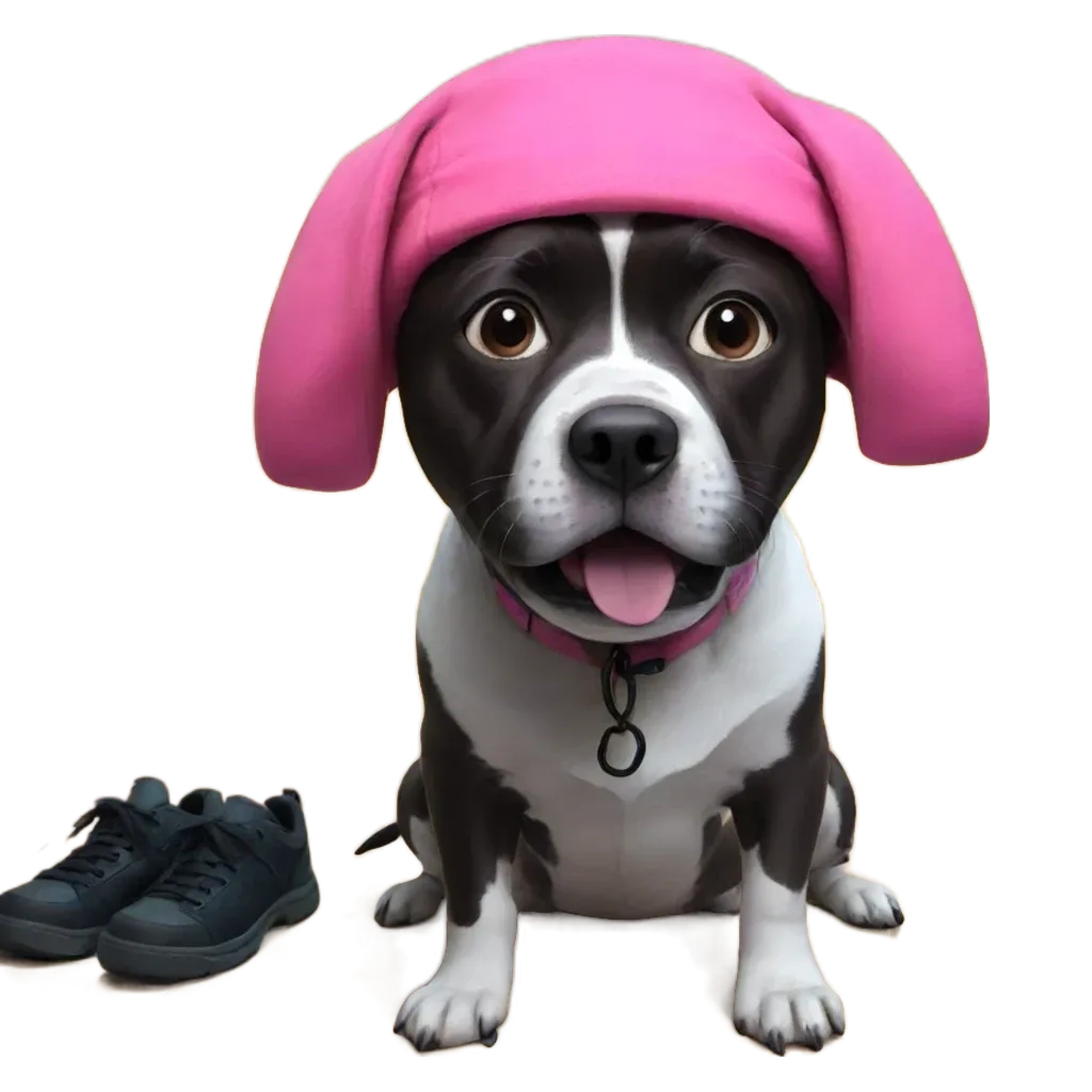 A black and white dog with a pink hat sitting next to a shoe.