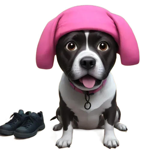 A black and white dog with a pink hat sitting next to a shoe.