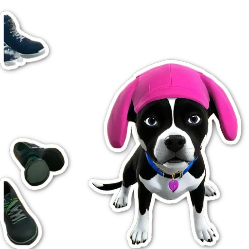 A black and white dog with a pink hat is looking at the camera.
