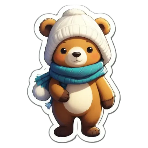 A cartoon teddy bear wearing a white hat and a blue scarf.