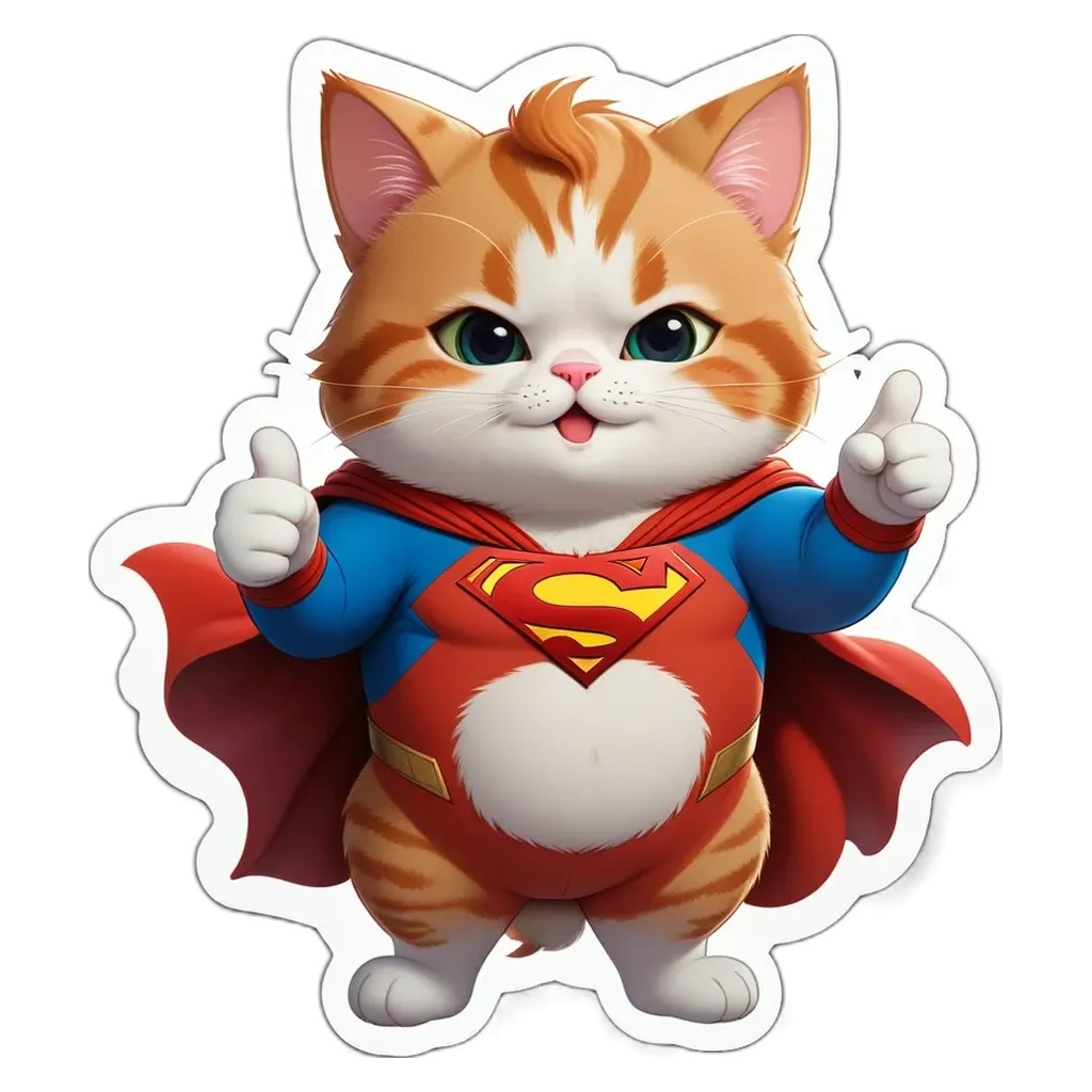 A cartoon cat wearing a Superman costume and giving a thumbs up.
