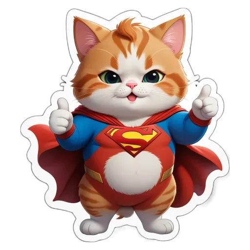 A cartoon cat wearing a Superman costume and giving a thumbs up.