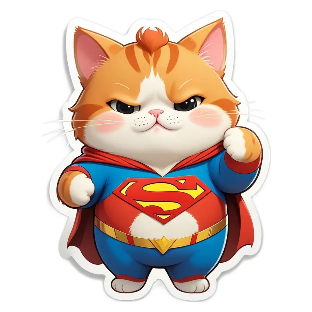 A cartoon cat in a superman costume with red eyes and an evil expression.