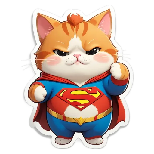A cartoon cat in a superman costume with red eyes and an evil expression.