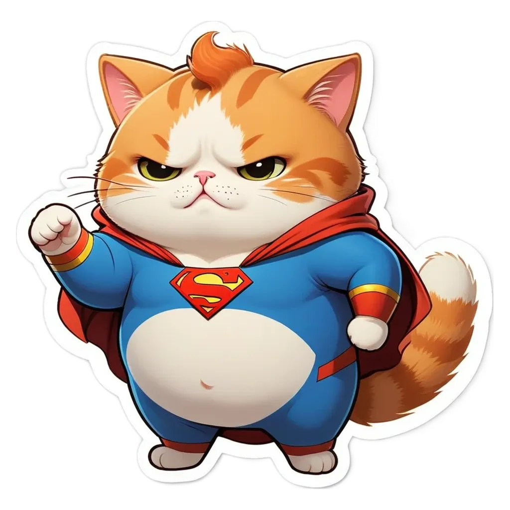 A cartoon cat in blue and red costume with a superman logo on his chest.