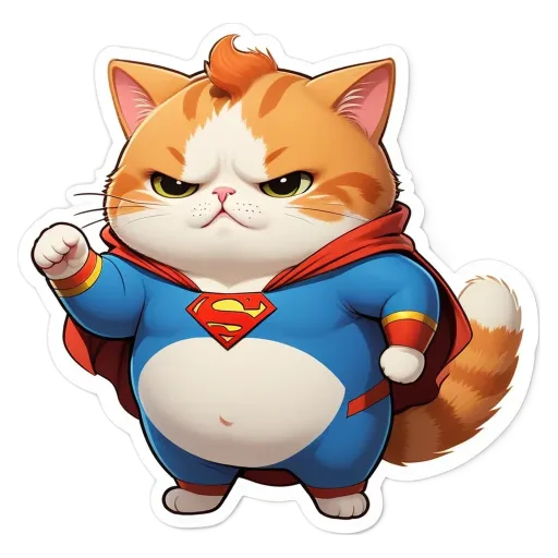 A cartoon cat in blue and red costume with a superman logo on his chest.