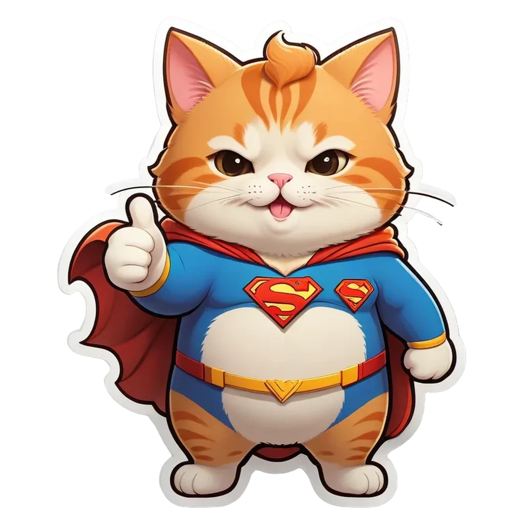 A cartoon cat wearing a blue and red costume and giving a thumbs up.