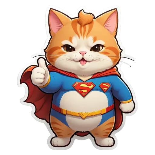 A cartoon cat wearing a blue and red costume and giving a thumbs up.