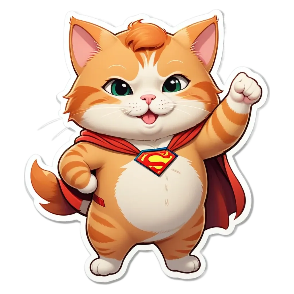 A cartoon cat wearing a cape and raising his paw.