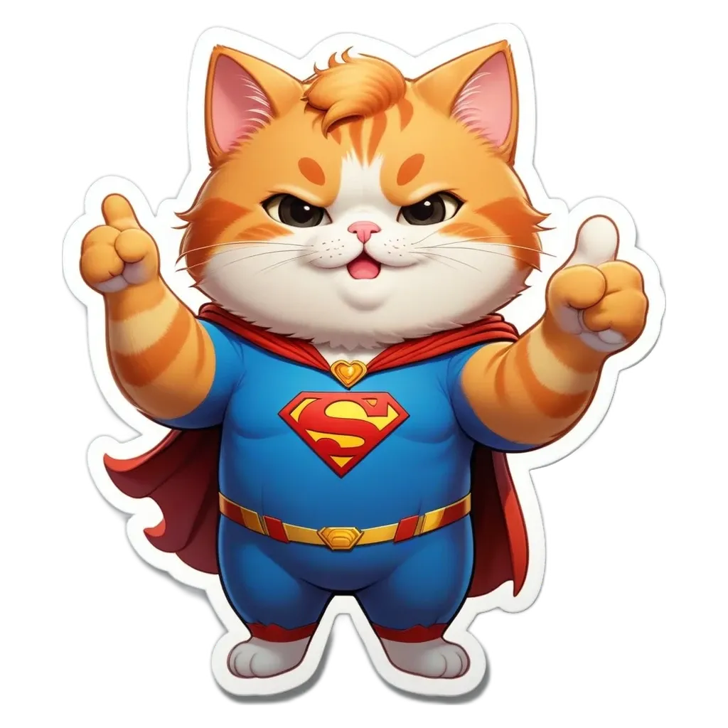 A cartoon cat wearing a blue and red costume that has a thumbs up sign between its paws.