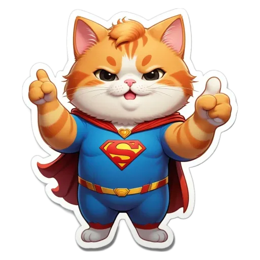 A cartoon cat wearing a blue and red costume that has a thumbs up sign between its paws.