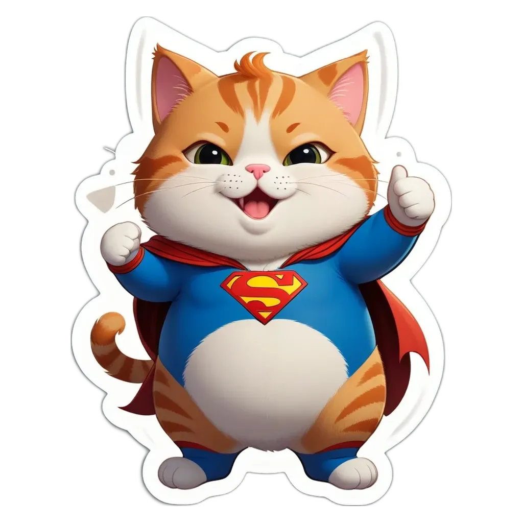 A cat wearing a blue and red costume that is giving a thumbs up.