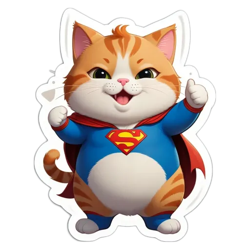 A cat wearing a blue and red costume that is giving a thumbs up.