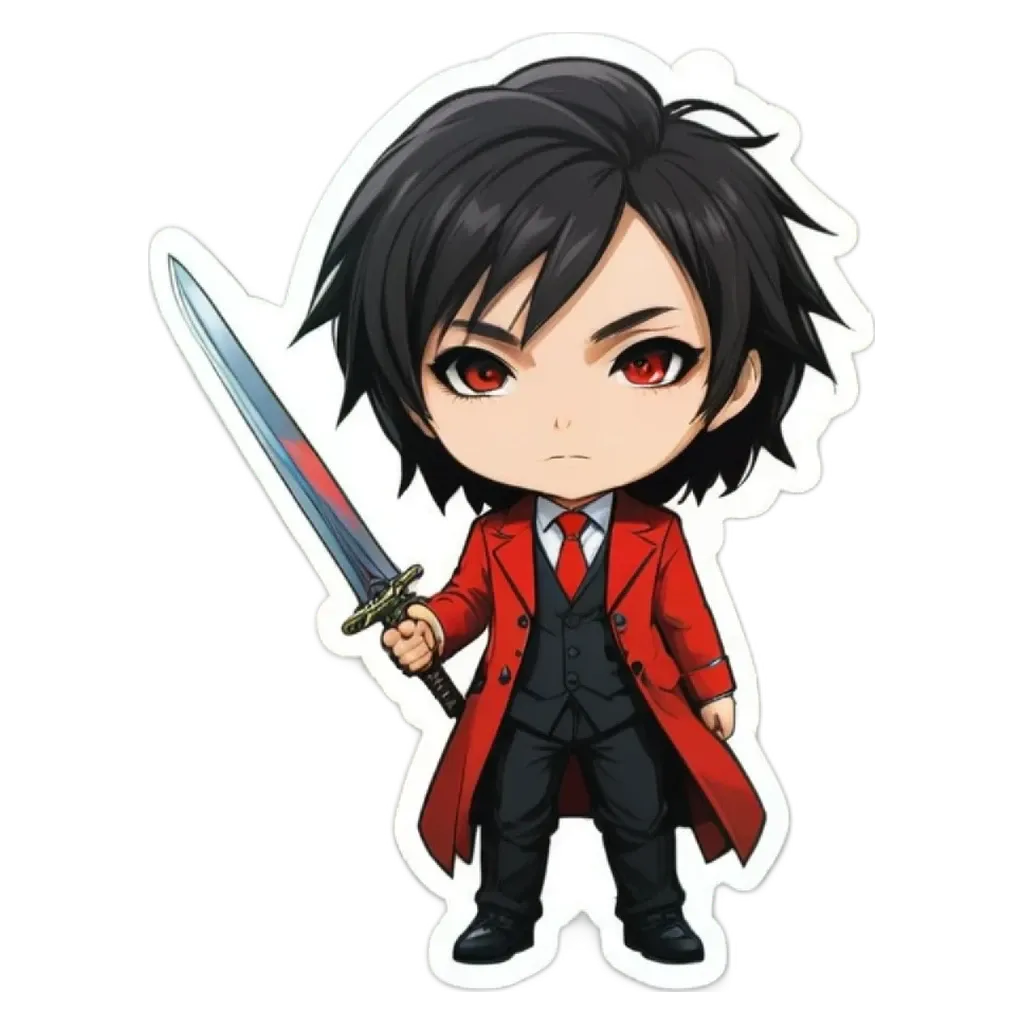 A boy with a sword that is on a white background.