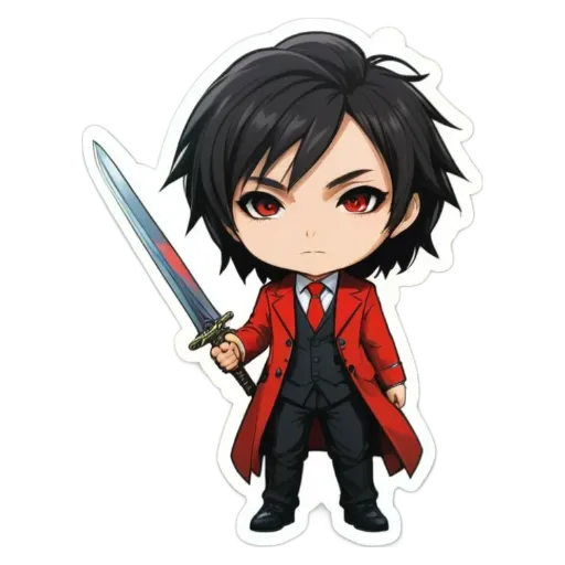 A boy with a sword that is on a white background.