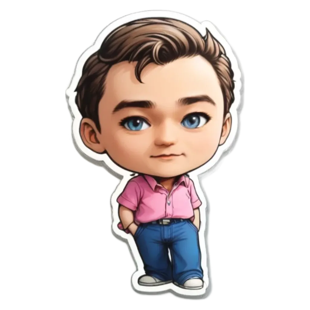 A boy wearing a pink shirt and blue jeans as a sticker.