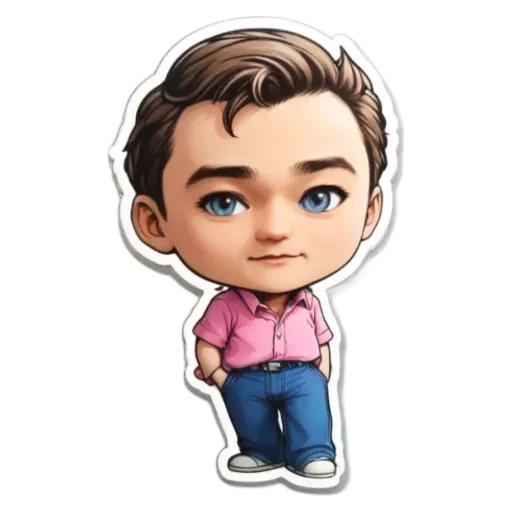 A boy wearing a pink shirt and blue jeans as a sticker.