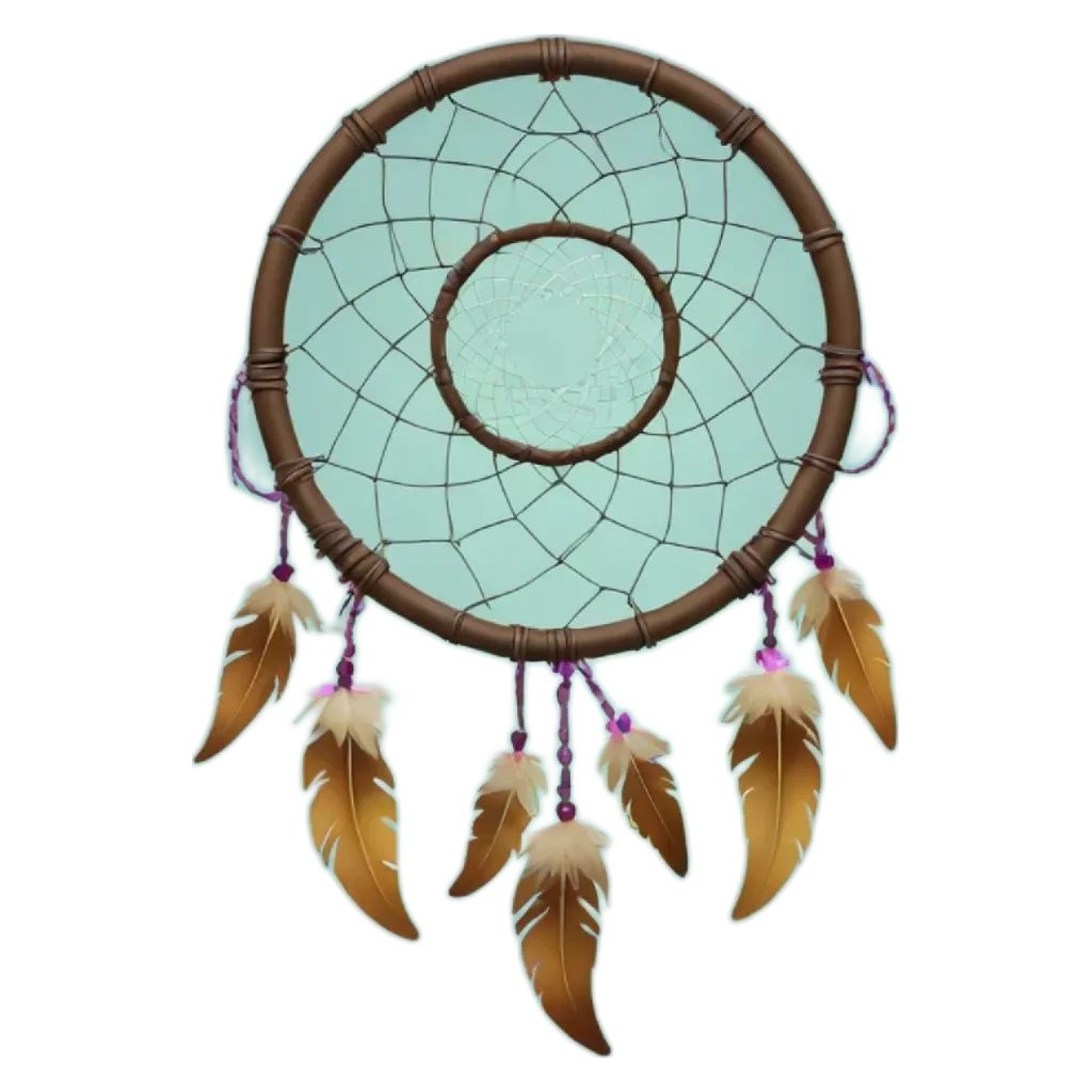 A blue and brown dreamcatcher with feathers and beads.