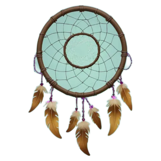 A blue and brown dreamcatcher with feathers and beads.