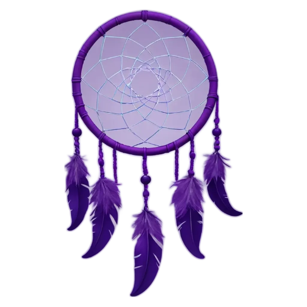 A purple dream catcher with feathers and beads.