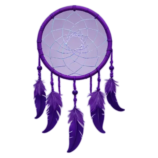 A purple dream catcher with feathers and beads.