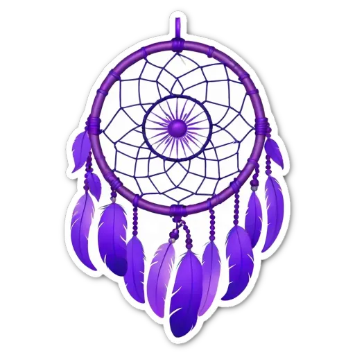 A purple dream catcher with feathers and beads.