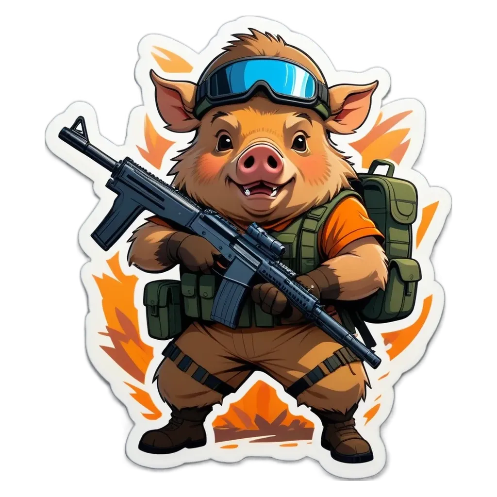 A cartoon picture of a pig with a rifle.