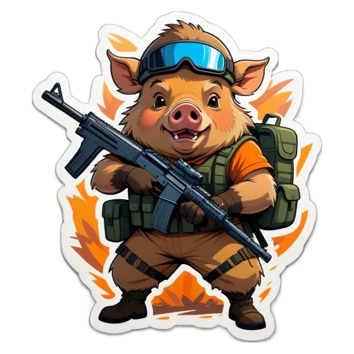 A cartoon picture of a pig with a rifle.