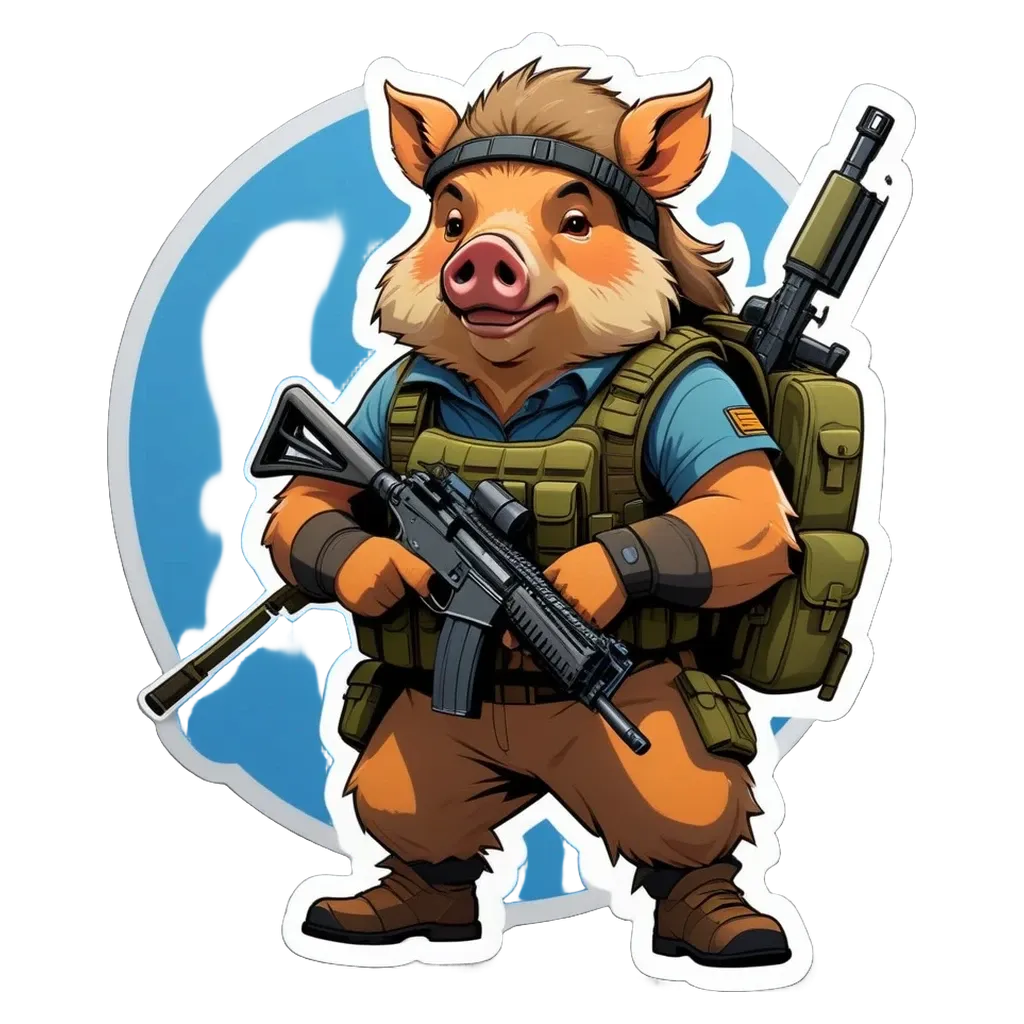 A cartoon picture of a pig with a rifle.